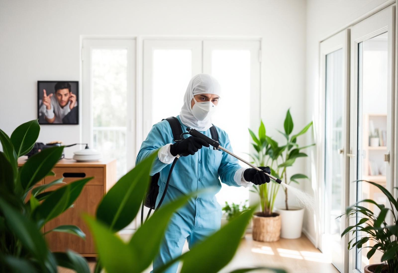 Professional pest control technician treating a home